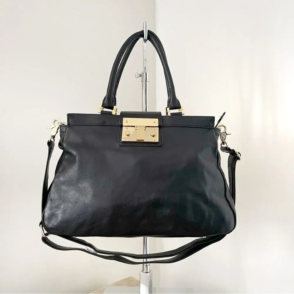 Tory Burch Black Holland Satchel Handbag Leather preowned